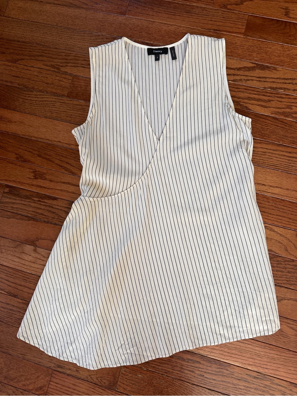 Theory Ivory & Black Fluid Pinstripe 100% Silk Asymmetric Wrap Top - Size P EUC